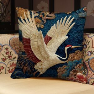 Embroidered Golden Crane Throw Pillow